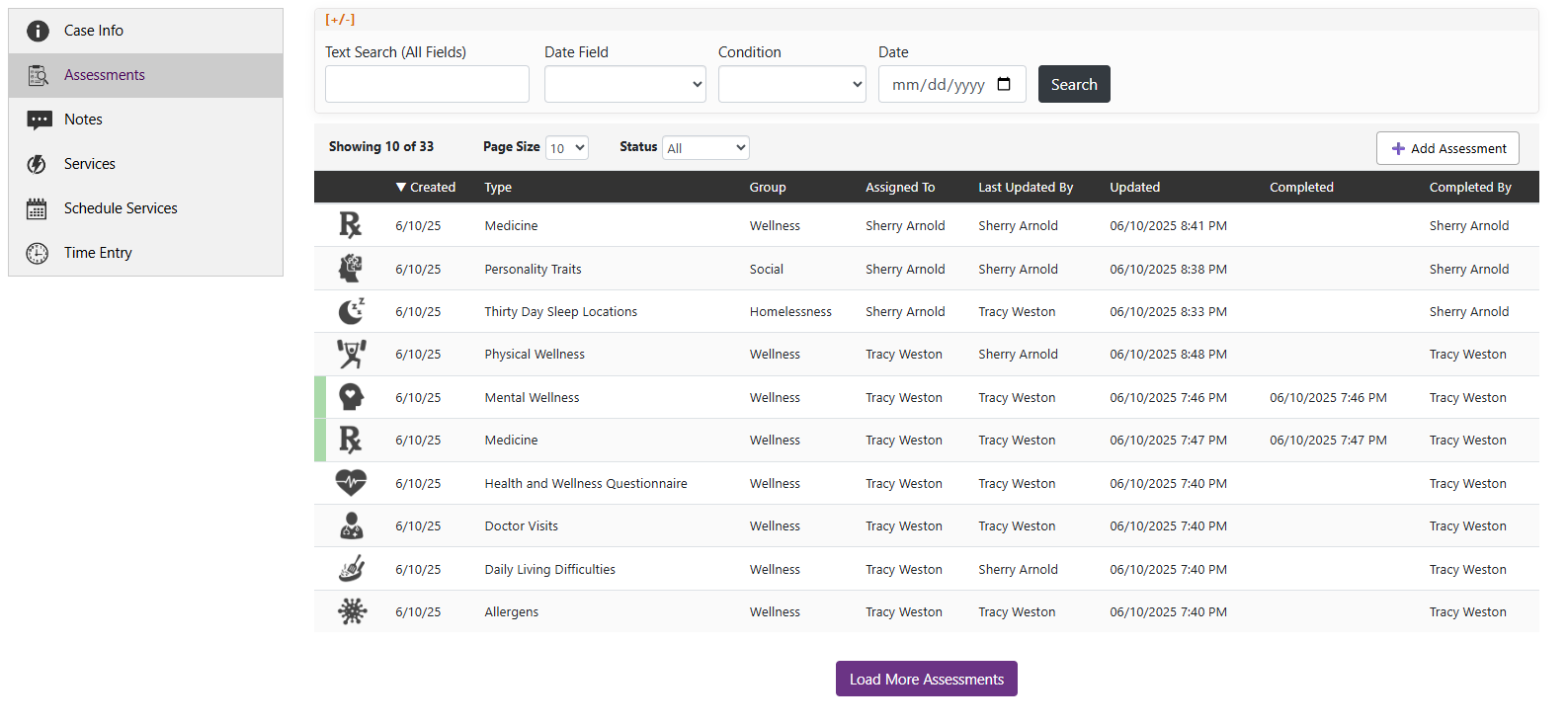 SecureCare® screenshot of asssessments
