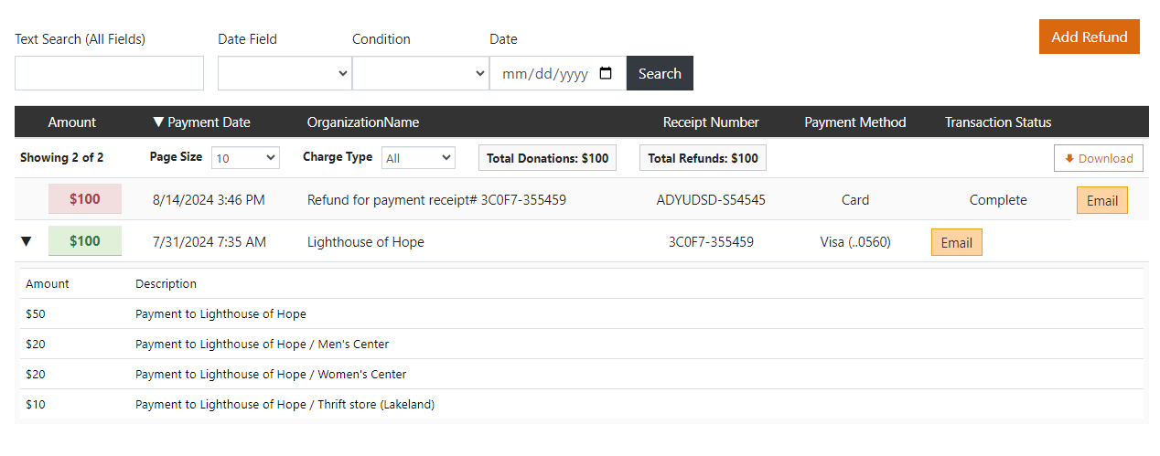 SecureCare® screenshot of donation history